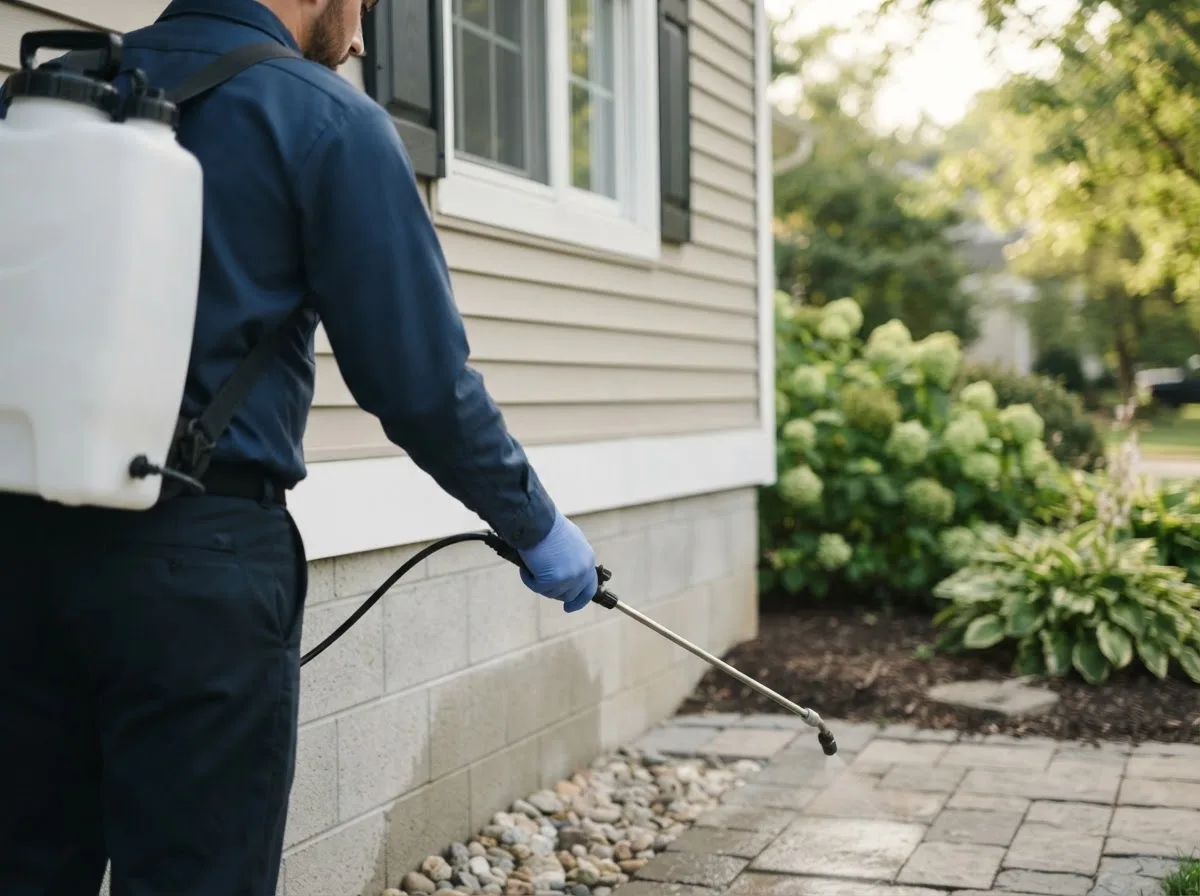 Pest control technician inspecting a home in Junction, TX